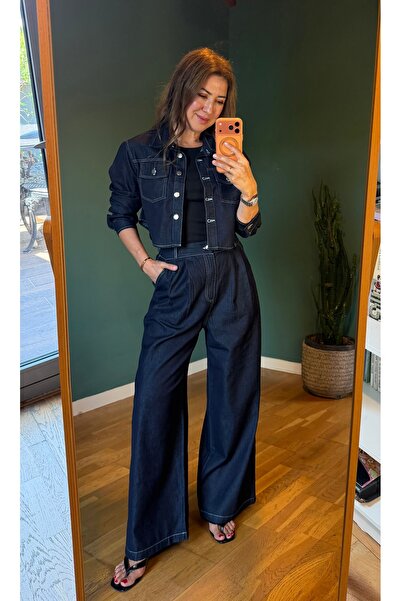 Aurélie Pileli denim pantolon ve crop ceket takım