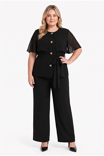 hazelin Women's Plus Size Black Short Sleeve Suit with Gold Buttons Hzl26S-Pr...