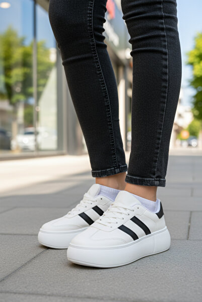 AYK'S White-Black Thick Sole Lace-Up Unisex Walking and Sports Shoes Sneaker ...