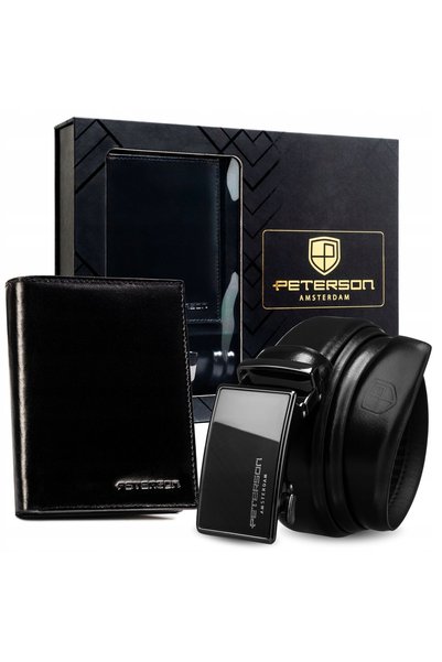 Peterson Portofel și curea bărbătești din piele naturală, set cu suport autom...