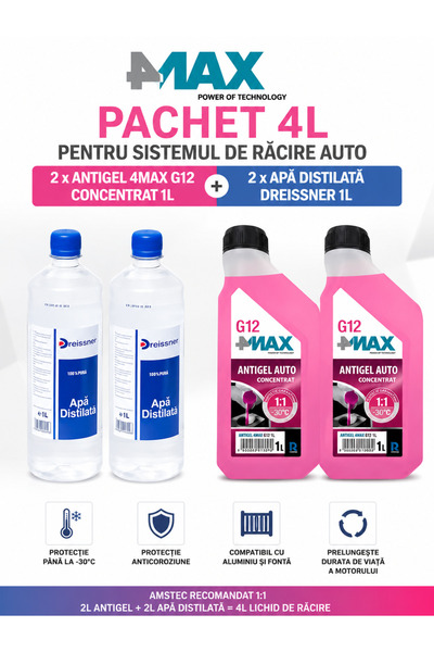 4MAX G12 Pachet 4L lichid racire: 2x Antigel auto concentrat + 2x Apa distila...