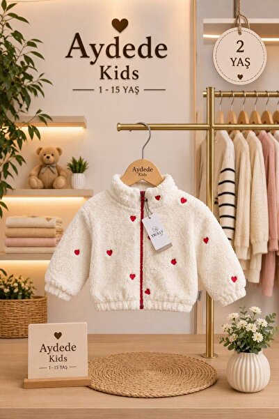 AYDEDE KİDS Kız Çocuk Kalpli Peluş Mont Fermuarlı Yumuşak Teddy Kışlık Mont