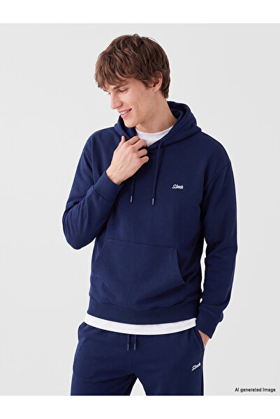 LC Waikiki Xside Navy Blue Kangaroo Pocket Embroidered Men's Thick Hoodie