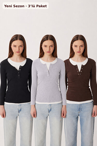 Lovelyİstanbul 3-Pack Layered Snap Fastener Ribbed Knitted Blouse Lrn0062 Bla...