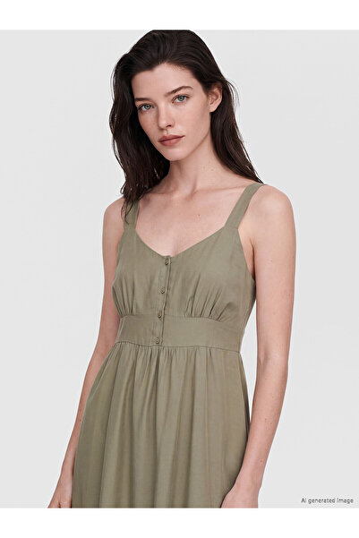 LC Waikiki Lcw Comfort Green Gathered Modal Blend Dress with Waistband