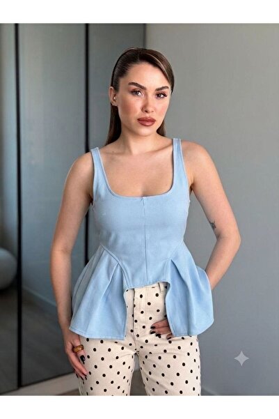 solena sln Kadın Kare Yaka Kalın Askılı Peplum Bluz