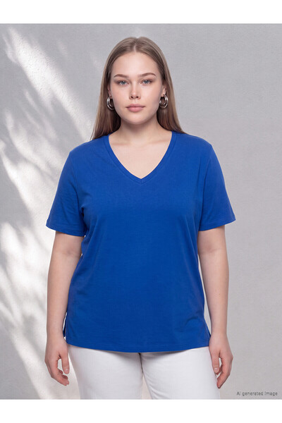 LC Waikiki Γυναικείο μπλουζάκι LCWAIKIKI Curve Blue Plus Size 100% βαμβάκι