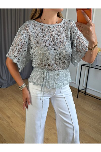 MODAMERSİ Women's Silver Lace Embroidered Belted Blouse