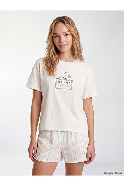 LC Waikiki Lcw Young Ecru Crew Neck Women's Shorts Pajama Set