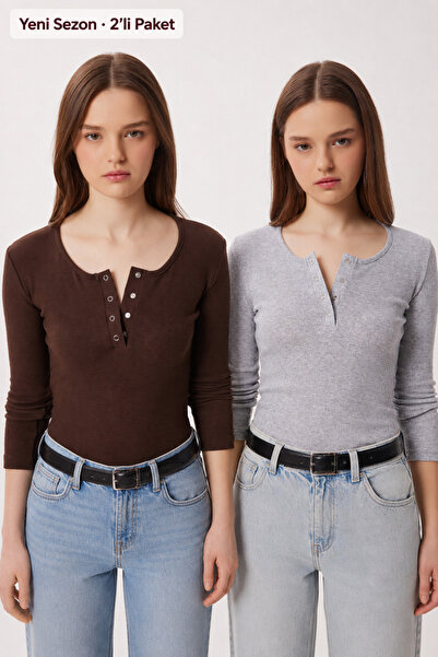 Lovelyİstanbul 2-Pack Snap Fastener Ribbed Knitted Blouse Lrn0061 Gray Melang...