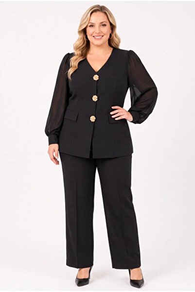 hazelin Women's Plus Size Black Long Sleeve Suit 3 Button Pocket Detail Hzl26...