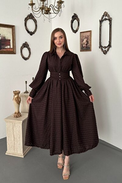 SEREMONİ BUTİK Coffee Brode Belted Fisto Dress