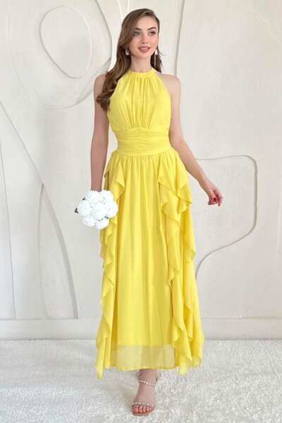 Elbee Fashion Woman Yellow Halter Neck Lined Dress