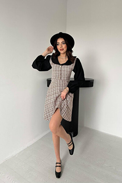 SEREMONİ BUTİK Women's Tile Sleeve Poplin Garnished Dress