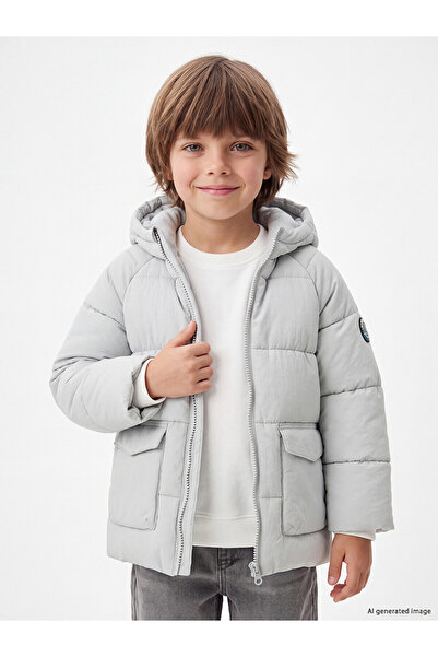 LC Waikiki Lcw Kids Gray Plain Loose & Baggy Boy's Coat with Nevavm Difference