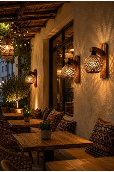 menalART Ağaç Tasarım Doğal Ağaç Ahşap Aplik Cafe Ev Koridor Restaurant Hasır İpli Jüt Aydınlatma Kafe Restorant