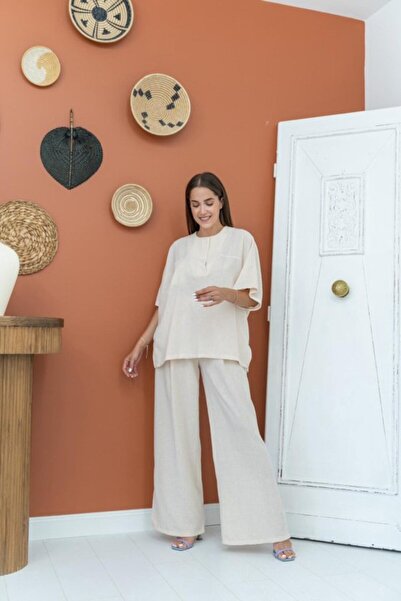 Elbee Fashion Woman Μπεζ σετ με λαιμόκοψη V