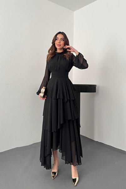 SEREMONİ BUTİK Black Stand Collar Waist Detail Dress