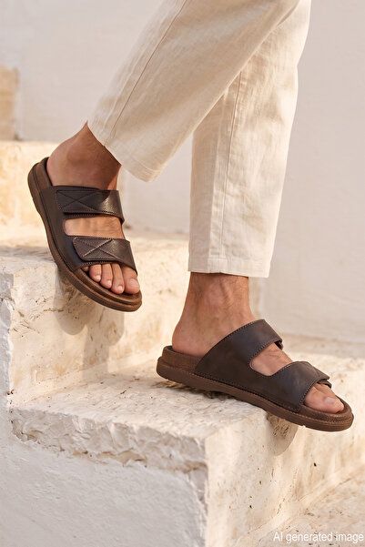 REMSA Men's Adjustable Buckle Comfortable Sole Slippers 02 Brown