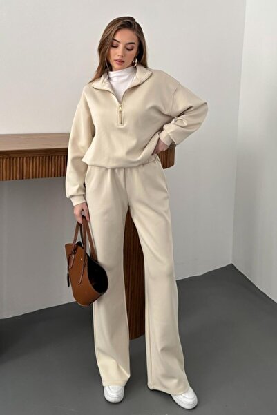 Elbee Fashion Woman Beige Zipper Detailed Scuba Suit