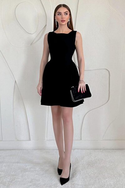 Elbee Fashion Woman Black Mini Size Gathered Linen Dress