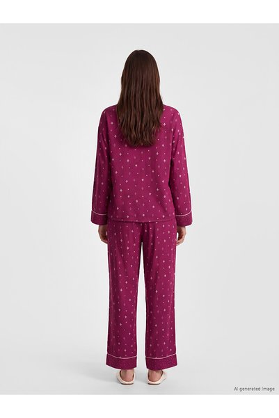 LC Waikiki Lcw Dream Red Shirt Collar Patterned Women's Pajama Set