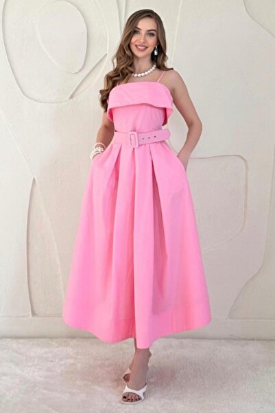 LUMU Pink Belted Strap Pleated Dress