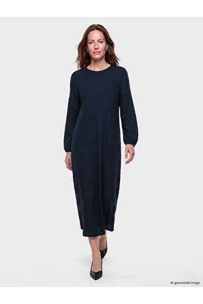 LC Waikiki Lcw Grace Navy Blue Crew Neck Patterned A-Line Dress