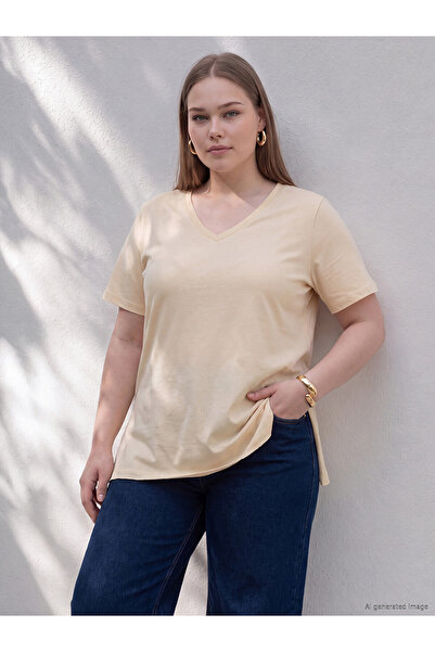 LC Waikiki Lcwaikiki Curve Beige Plus Size 100% Cotton Women's T-Shirt