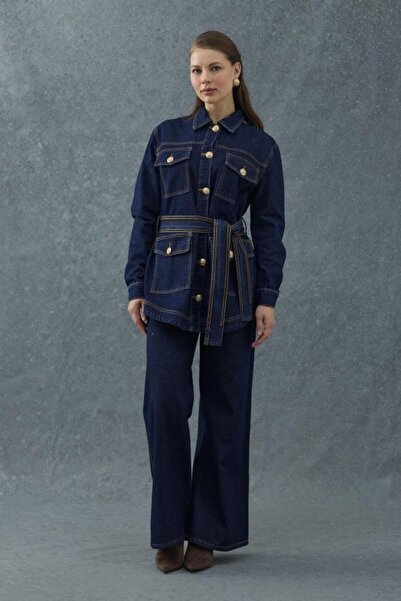Elbee Fashion Woman Navy Blue Gold Button Detailed Belted Suit