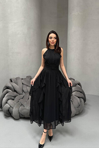 SEREMONİ BUTİK Black halter neck lined dress