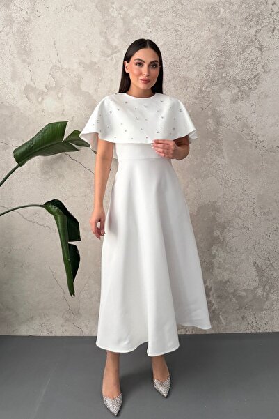 SEREMONİ BUTİK Women's White Stone Detailed Cape Dress