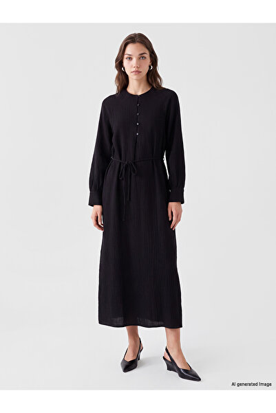 LC Waikiki Lcw Modest Black Crew Neck Muslin Dress
