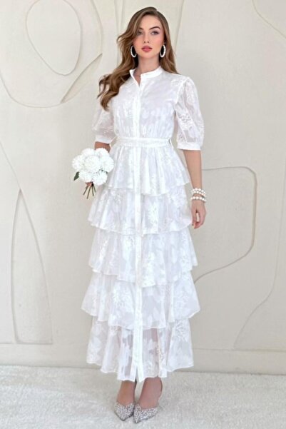 Elbee Fashion Woman Ecru Balloon Sleeve Detailed Layered Chiffon Dress