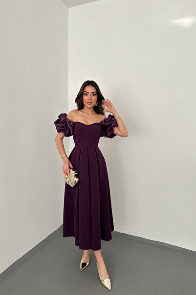 SEREMONİ BUTİK Women's Purple Sleeves Balloon Pleated Atlas Dress
