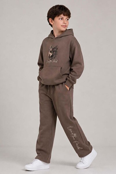 Riccotarz Erkek Çocuk Önü ve Arkası Kurt Çizim Baskılı Kapüşonlu Sweatshirt Kahverengi Eşofman Takım