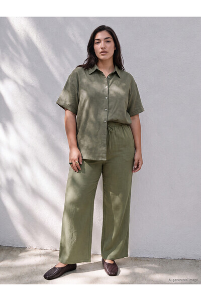 LC Waikiki Γυναικείο παντελόνι LCW Petite Khaki με ελαστική μέση και φαρδιά μ...