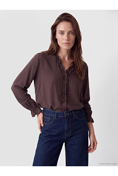 LC Waikiki Lcw Grace Brown Ruffle V-Neck Blouse