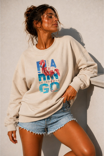 BW Bravely Wear Women's Crew Neck 1990 Flamingo Printed Oversize Embroidered ...