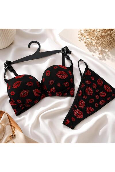 Softwearr Women's Lip Patterned Supportive Bra and Panty Set with Heart Strap...