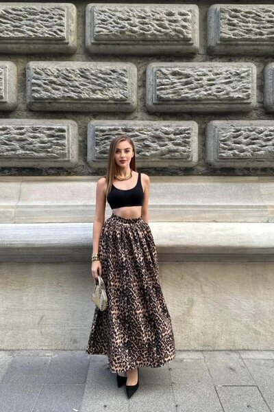 Elbee Fashion Woman Leopard Leopard Gathered Long Skirt