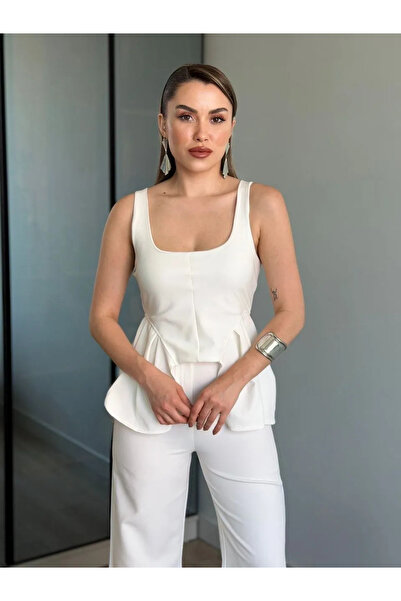 solena sln Kadın Kare Yaka Kalın Askılı Peplum Bluz