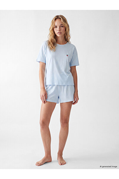 LC Waikiki Lcw Young Blue Embroidered Women's Shorts Pajama Set