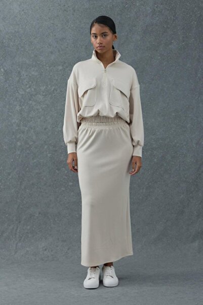SEREMONİ BUTİK Beige Piping Sweatshirt and Skirt Set