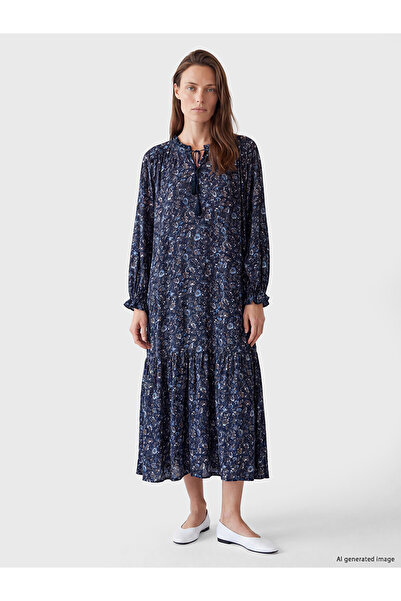 LC Waikiki Lcw Grace Navy Blue Tie Collar Floral Dress
