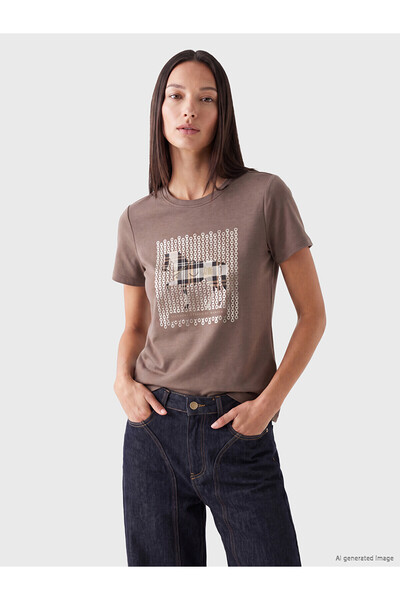 LC Waikiki Lcw Everyday Brown Printed Soft Touch Women's T-Shirt