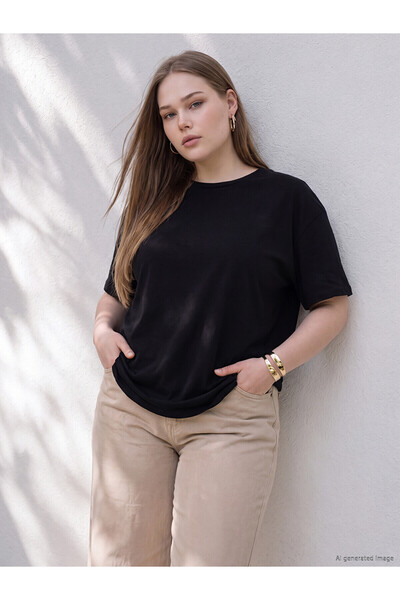 LC Waikiki Lcwaikiki Curve Black Large Size 100% Cotton Women's T-Shirt