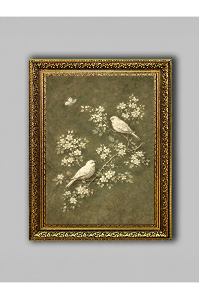 WoodyArts Olive Green Sparrows Golden Antique Framed Decorative Living Room W...