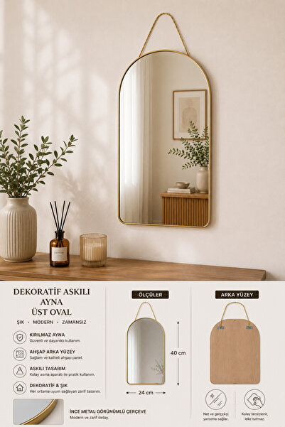 MAKRİ HOME Dekoratif Askılı Kırılmaz Duvar Aynası, Ahşap Arkalı, Üst Oval 40x...