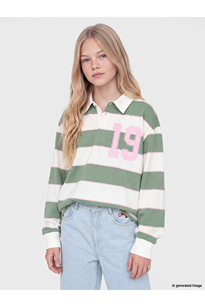 LC Waikiki Lcw Kids Green Polo Neck Striped Girl's T-Shirt